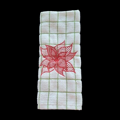 Mainstays Green & White Kitchen Towel With Red Embroidered Flower Poinsettia-image