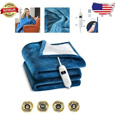 Cozy Blue Electric Blanket Throw - 10 Heat Settings for Adult Comfort 50