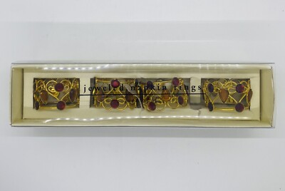 Set of 4 Pier 1 Imports Jeweled Napkin Rings Gold Filigree Amber & Garnet Beads-image