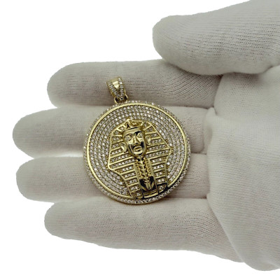 Egyptian Pharaoh King Pendant Mens Charm CZ Gold over 925 Sterling Silver 1.9 in-image