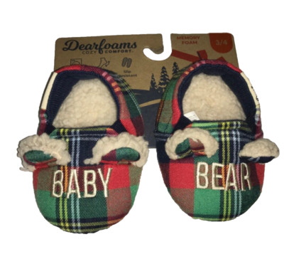 DEARFOAMS BRAND NEW BABY SZ 3/4 CHRISTMAS BABY BEAR PLAID SHERPA SLIPPERS -image
