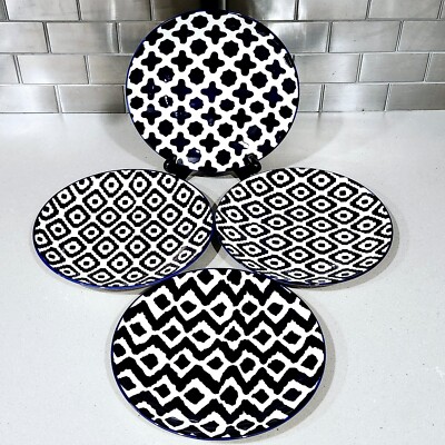Pier 1 Navy Blue White Textile Pattern Stoneware 8 ½” Salad Plates Lot of 4-image