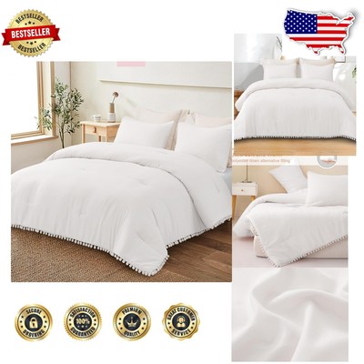 Chic Boho Pom Pom Fringe King Size Comforter Set - All Season Cozy Bedding-image