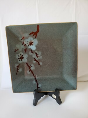 Pier One Square Dinner Plate, Home Decor Green Speckled Handpainted Cotton -image