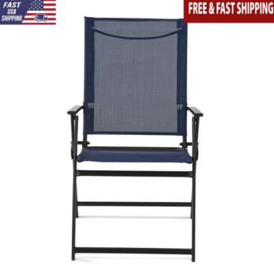 US Greyson Steel and Sling Adult Folding Outdoor Patio Armchair, Navy (Set of 2)-image