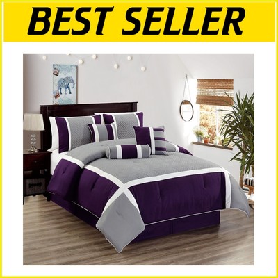 Modern Queen Comforter Set - 7 Pieces with Decorative Cushions in Purple/Grey-image