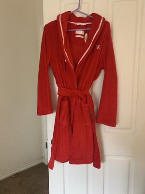 Victorias Secret Bath Robe Size Medium Red Plush Robe Hooded Bath Robe-image
