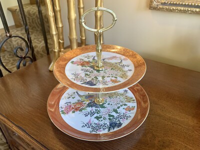 Vintage Satsuma Asian Syle Peacock Design 2 Tier Buffet Serving Platter-image