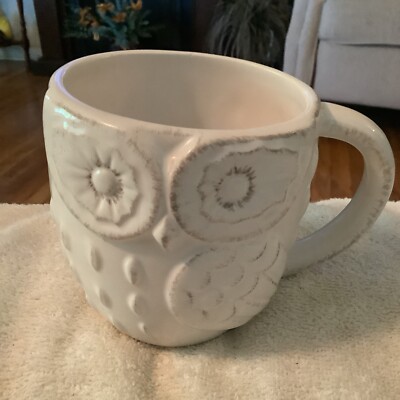 Pier 1 Imports Coffee Mug Tea Cup Owl Raised Design White Gray Ceramic XLarge-image