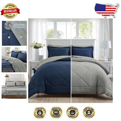 Cozy Machine Washable Twin Comforter Set, Navy Blue and Grey Reversible Design-image