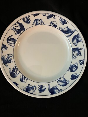 Pier 1 England Salad Plate White with Blue Teapot Design Rim-image