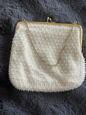 Vtg ADG Imports Beaded White Kiss Lock Evening Bag Gold Handle W/ Coin Purse-image