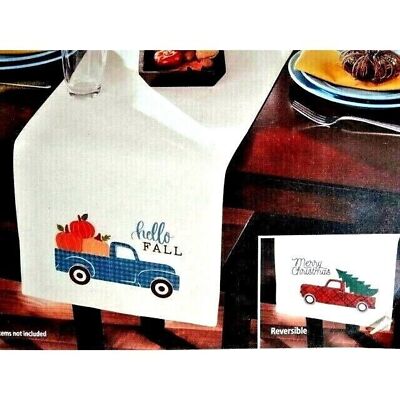 Holiday Harvest Table Runner Pumpkin Truck Christmas Tree Reversible Cotton NWT-image