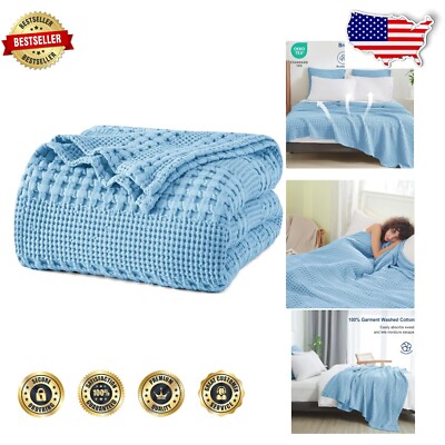 Luxury 100% Cotton Waffle Weave Blanket King Size - Cozy Sky Blue Design-image