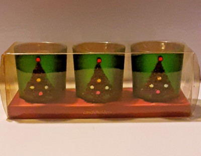 Pier 1 Imports Mercury Glass Beaded Christmas Tree Green Candle Holder Set of 3 -image