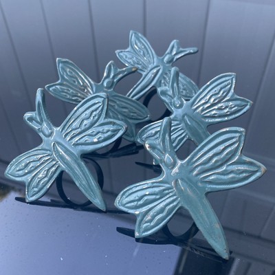 Vtg Design Imports (DII) Teal Dragonfly Metal Napkin Ring Set of 5 ~ India 1994-image