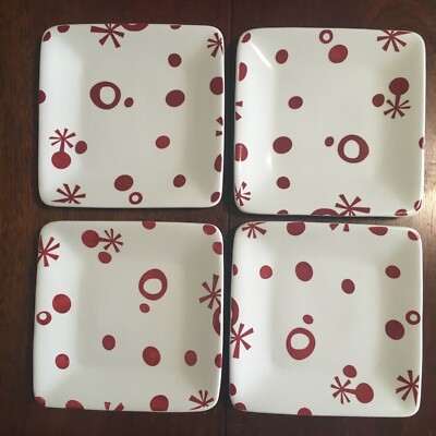 Set Of 4 Pier 1 Square Christmas Flurry Dessert Salad Plate Red White Retro 7.5”-image