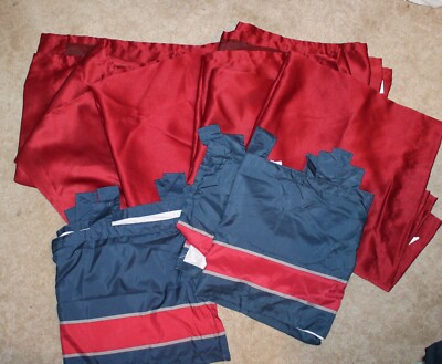 MAINSTAYS 6-PIECE CURTAIN SET (4 red satin panels & 2 blue/red tab valances) EUC-image