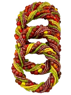 4 PIER 1 Glass BEADED NAPKIN RINGS 3” Diameter Warm Autumn Colors Twisted Design-image