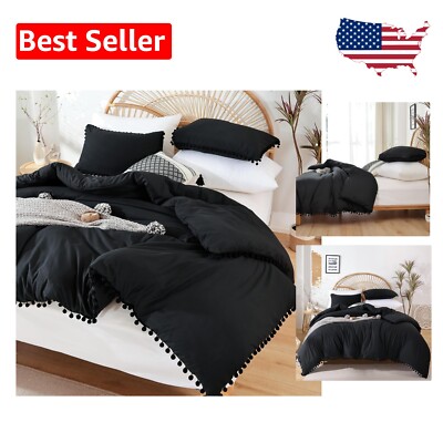 Luxurious King Size Comforter Set with Pom Fringe - All-Season Comfort in Black-image