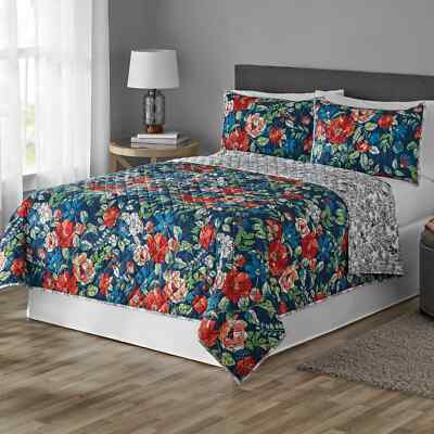 Quilt Floral Red/Blue Reversible Queen/Full Quilt-image