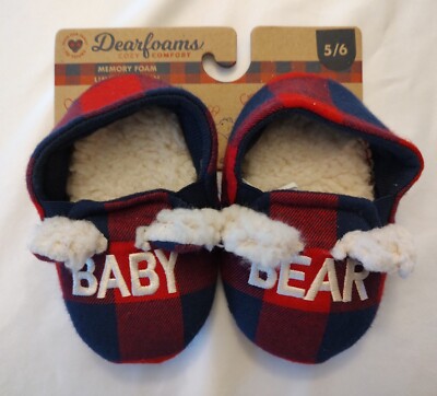 DEARFOAMS Kid's Cozy Comfort  BABY BEAR SLIPPERS SIZE 5/6 PLAID Memory Foam NEW-image