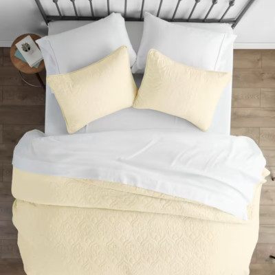 Damask Yellow Microfiber Twin Performance Quilted Coverlet Set-image