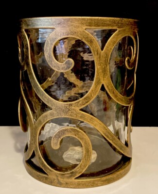 Pier 1 Imports Clear Glass & Brass Color Metal Swirl 2 Pcs Candle Holder  6.5”T-image