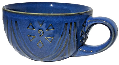 Pier 1 Imports Blue Stoneware Coffee Mug Hand Painted 14 Fl Oz Cup Raised Design-image