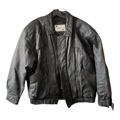 Phase 2 Men's XL Black Leather Jacket Lined Bomber Coat Vintage Clean-image