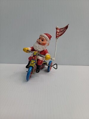 Vintage Christmas Santa Claus On Tricycle Wind Up Tin Metal Toy Bike MTU Korea-image