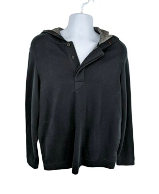 Wolsey Mens Hooded  Black Sweatshirt Size Large Henley Pockets Button -image