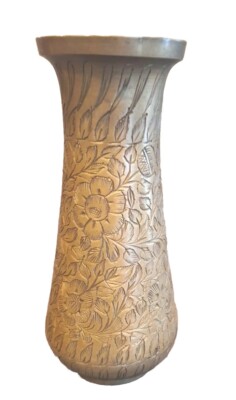Solid Brass Etched Floral Design Vase 5'' Tall Made In India Vintage-image