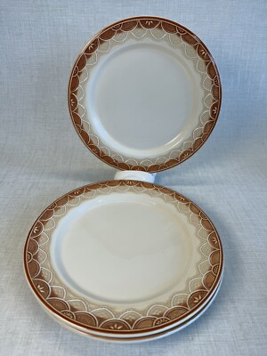 Pier1 Italian Made Lace Design Dinner Plates x3 Tan Brown Embossed Swag Rim-image