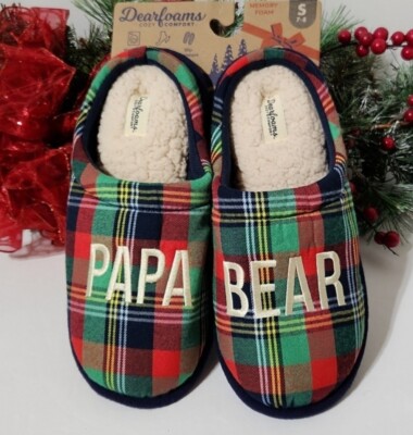 Dearfoams Papa Bear Cozy Green, Red & Navy Plaid Christmas Slippers Mens S-image