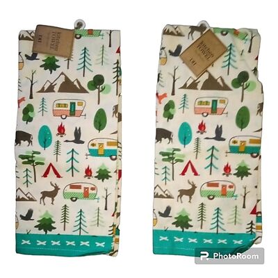 New Set of Two Kitchen Towels Camping Design RV Camper NWT-image