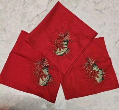 Pier 1 Imports Beaded Embroidered Cloth Napkins Red Cotton And Linen 20
