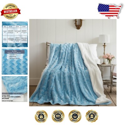Luxurious Chevron Sky Blue Faux Fur Throw Blanket - 50x60 Cozy Sherpa Design-image