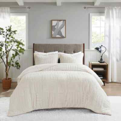 NEW! ~ COZY ULTRA & PLUSH SOFT WARM MODERN FUR STRIPE IVORY WHITE COMFORTER SET-image
