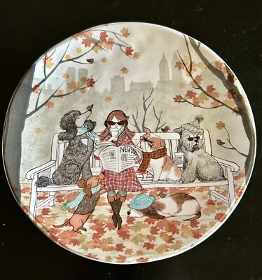 PIER ONE  “AUTUMN PARK BENCH PUPS” 8 3/4” Dolomite PLATE  Retired 1 Plate-image