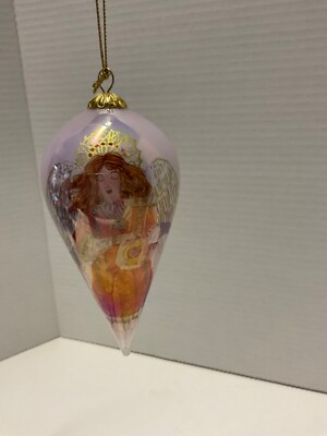 Pier 1 Imports Angle Hand Painted li bien Glass Christmas TeardropOrnament W/Box-image