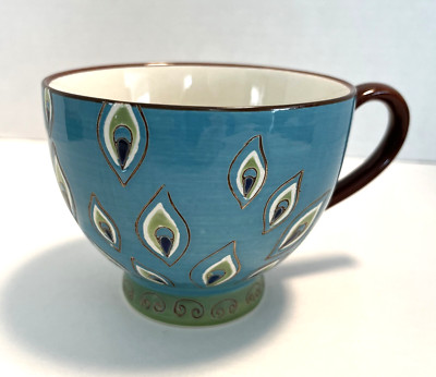 Pier 1 Imports Coffee Mug Tea Cup Dolomite Peacock Hand Painted Footed 3.5” Tall-image