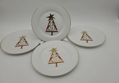 Set 4 Pier 1 One Christmas Tree Porcelain Salad Dessert Plates Red Gold-image