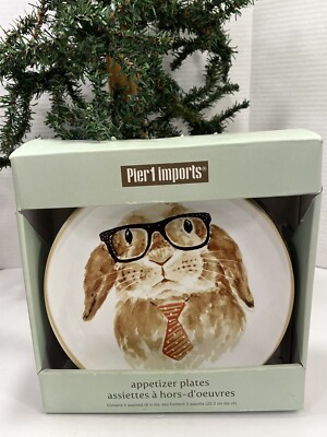 Pier 1 Imports Porcelain Appetizer Plates Rabbits Bunnies Bows Ties Set Of 4-image
