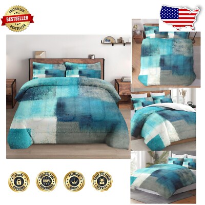 Contemporary Twin Comforter Set with Pillowcase - Cozy Teal & Grey Bedding-image