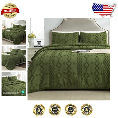 Full Tufted Comforter Set in Olive Green - Soft Microfiber & Geometric Pattern-image