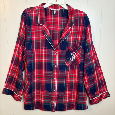 Victoria's Secret Pajama Top Sz XL Red Plaid Flannel Buttoned Monogram Logo LS-image