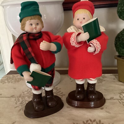 Vintage Boy & Girl Christmas Carolers Ceramic Animated Song Wind Up -image