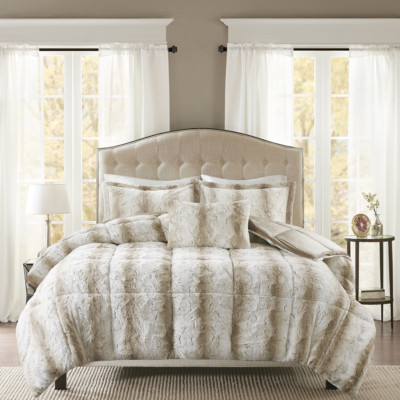 NEW! ~ COZY ULTRA SOFT & PLUSH TAUPE IVORY BROWN BEIGE FAUX FUR COMFORTER SET-image