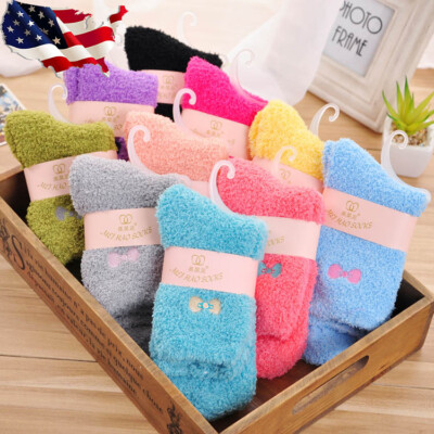 5 Pairs Womens Socks Candy Colors Fuzzy Fluffy Cozy Bowknot Thick Warm Socks 6-9-image